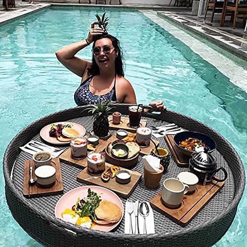 Palette， Serviertablett aus geflochtenem Rattan – schwimmender Getränkehalter mit Griff, 4-Loch-Kapazität – Frühstückstablett auf dem Wasser(Black,80CM) von SBJKLYRN
