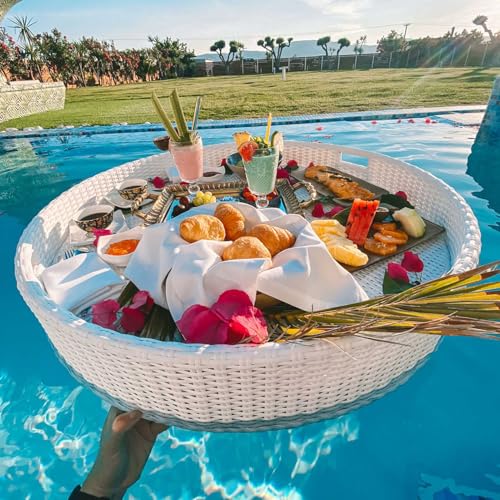 Palette， for Pool, Rattan-gewebtes schwimmendes Pooltablett, schwimmendes Serviertablett, Tisch und Bar mit Griff, Schwimmbecken-Schwimmhilfen for Erwachsene(White,60CM) von SBJKLYRN