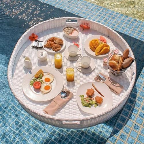 Palette， for Pool, Rattan-gewebtes schwimmendes Pooltablett, schwimmendes Serviertablett, Tisch und Bar mit Griff, Schwimmbecken-Schwimmhilfen for Erwachsene(White,80CM) von SBJKLYRN