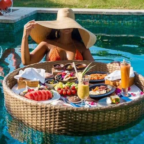 Palette， for Pool, Rattan-gewebtes schwimmendes Pooltablett, schwimmendes Serviertablett, Tisch und Bar mit Griff, Schwimmbecken-Schwimmhilfen for Erwachsene(Yellow,60CM) von SBJKLYRN