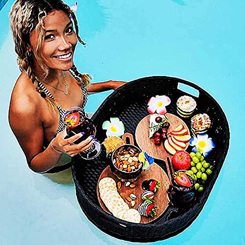 Palette， for Pool Rattan gewebt schwimmendes Essen und Getränketablett for Schwimmbäder, Sandbänke, Spas, Bäder, Partys(Black,60X45X15CM) von SBJKLYRN
