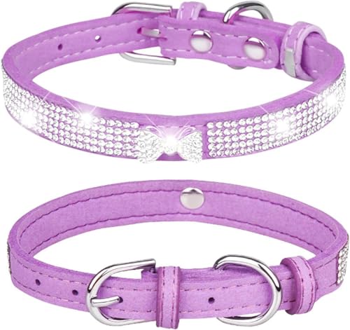 SBJKLYRN Hundehalsband， Süßes Bling-Hundehalsband mit glänzender Schleife for Mädchen und Jungen, Strass, personalisiertes Hundehalsband for kleine, mittelgroße große Welpen Kätzchen(Purple,XXS) von SBJKLYRN