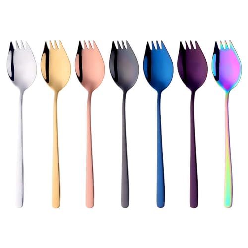 Göffel Edelstahl Sporks Lang 21,5 cm buntes Gabel Löffel 7 Stück Salatgabel 2 in 1 Tafelgabeln Suppenlöffel Langer Stiel to go Camping Outdoor Picknick von SBOMHS