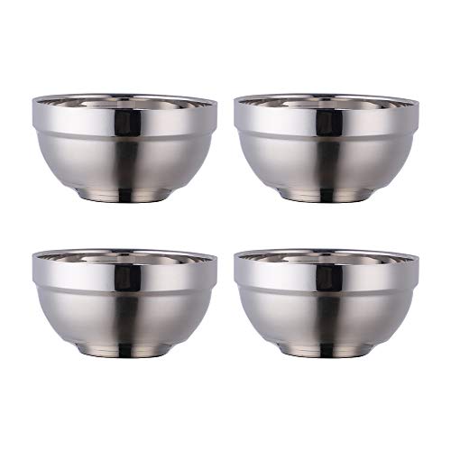 Müslischale aus Edelstahl 500ML silber Suppenschalen 4er set Reisschüssel Groß Nudelschale Dessertschalen breit 13 cm(5,1 inch) Metall Ramen Schüsseln Doppelschicht Anti-heiße von SBOMHS
