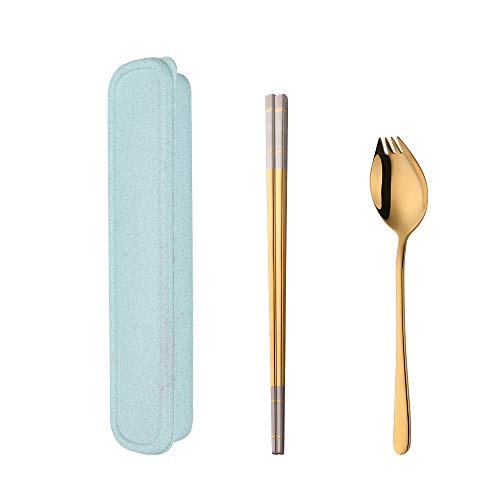 SBOMHS Edelstahl Leicht Campingbesteck set Gold 1 person Reisebesteck für Outdoor Picknick, 1 Göffel und 1 Paar Essstäbchen mit 1 grün Besteckkasten von SBOMHS