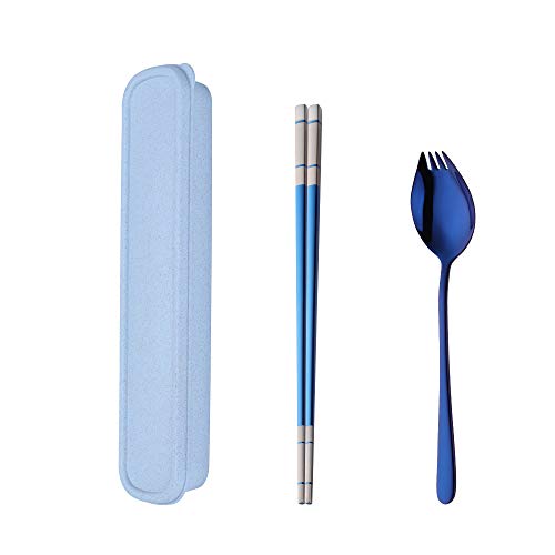 SBOMHS Edelstahl Leicht Campingbesteck set blau 1 person Reisebesteck für Outdoor Picknick 1 Göffel und 1 Paar Essstäbchen mit 1 blau Besteckkasten von SBOMHS