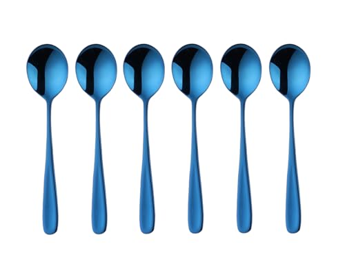 SBOMHS Esslöffel Müslilöffel 18/10 Edelstahl Suppenlöffel 6-stück Menülöffel länge 17,5CM Breit 4,5CM Tafellöffel Suppentassenlöffel für Porridge Dessertlöffel Soup Spoons (Blau) von SBOMHS