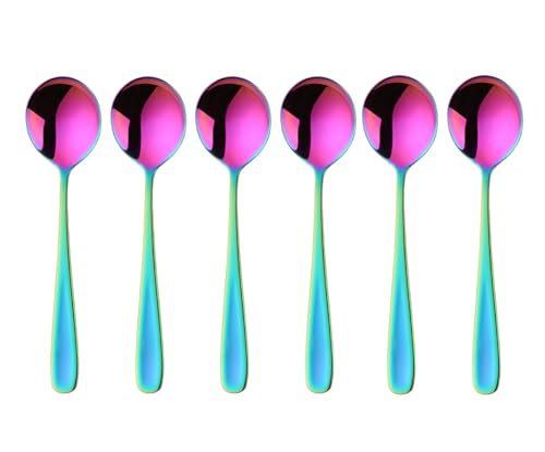 SBOMHS Esslöffel Müslilöffel 18/10 Edelstahl Suppenlöffel 6-stück Menülöffel länge 17,5CM Breit 4,5CM Tafellöffel Suppentassenlöffel für Porridge Dessertlöffel Soup Spoons (Regenbogen) von SBOMHS