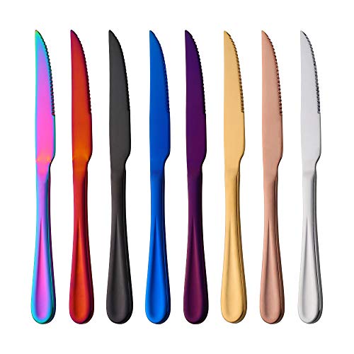 SBOMHS Tafelmesser Bunt mit Wellenschliff Menümesser Besteck Messer Edelstahl 8 Farbige Steakmesser Set Länge 22,8 CM(9 Inch) von SBOMHS