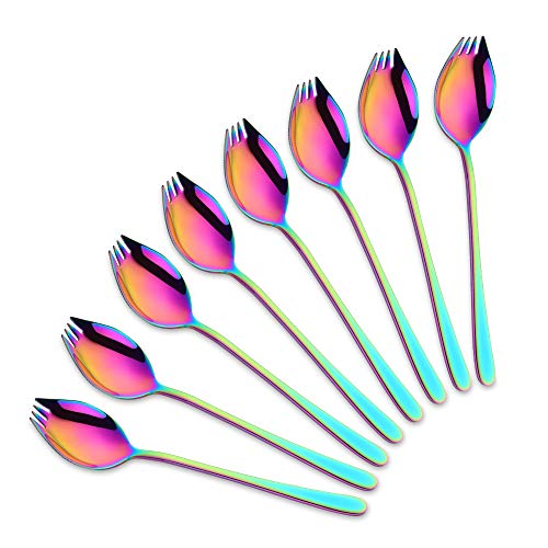 SBOMHS Titan Spork Metall Göffel Edelstahl 8 Stück buntes 3 in 1 Gabel Löffel Messer Kombi regenbogen wellenschliff göffel Länge 19CM von SBOMHS