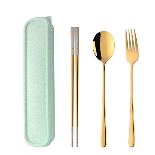 SBOMHS Tragbares Outdoor Reisebesteck Gold Edelstahl Campingbesteck to go Picknick Travel Schule Büro Lunch Besteck set für 1 person Länge 21+cm Koreanische Essstäbchen Tafelgabeln Suppenlöffel von SBOMHS