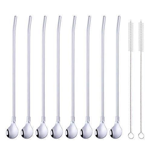 SBOMHS Wiederverwendbare Strohhalme Löffel 18/8 Edelstahl 8 Stück Trinkhalmlöffel mit 2 Bürsten Cocktail Latte Macchiato Löffel 21,5CM (silber) von SBOMHS