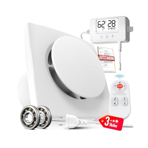SBONNI Badlüfter mit Feuchtigkeitssensor Temperatursensor Timer - 3 Stufen WC Lüfter 100mm mit Fernbedienung, Echtzeit Feuchtigkeit und Temperatur, Stark Lüftung und Leise Abluftventilator Bad P119 von SBONNI