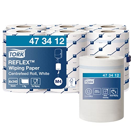 Tork 473412 Mehrzweck Papierwischtücher für M4 Innenabrollung Reflex System / 1-lagige Putztücher in Weiß / Premium Qualität / 6 x 340 Tücher / 33,5 x 19,4 cm (B x L) von Tork
