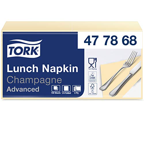 Tork 477868 Soft Lunch Servietten Champagner / 3lagige, saugfähige Papierservietten in Gelb / Vielfältig verwendbar / Advanced Qualität / 10 x 150 (1500) Servietten / 32,6 x 33 cm (B x L) / 1/4-Falz von Tork