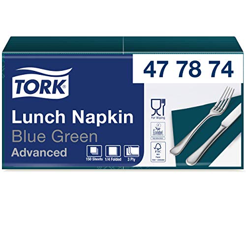 Tork 477874 Soft Lunchservietten Blaugrün / 3lagige, saugfähige Papierservietten Türkis / Vielfältig verwendbar / Advanced Qualität / 10 x 150 (1500) Servietten / 32,6 x 33 cm (B x L) / 1/4-Falz von Tork