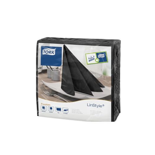 Tork 478726 Linstyle Premium Dinnerservietten Schwarz / Servietten stoffähnlich / 1-lagig / Premium Qualität / 12 x 50 (600) Airlaid Servietten / 39 x 39 cm (B x L) von Tork