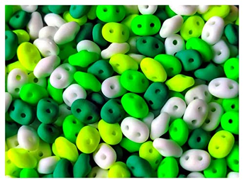 Mix SuperDuo Beads, 2.5x5 mm, 35 g, Mischung aus Tschechischen Press- und Neonperlen mit Zwei Löcher von ScaraBeads, Böhmisches Glas, Weiß Matt mit Neon Dunkelgrün, Neongrün und Neongelb von SCARA BEADS GET INSPIRED
