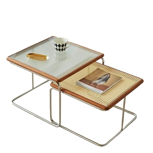 SCBTGKLN Satztisch-Couchtisch, 2er-Set, Moderne Rustikale Wohnzimmertisch, Quadratischer Stapelbarer Beistelltisch, Beistelltische mit Metallrahmen, Rattangeflecht und Glastischplatte(Red) von SCBTGKLN