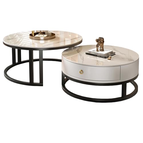 Satztisch-Couchtisch, 2er-Set, Wohnzimmertisch Rund mit Schublade, Moderner Beistelltisch mit Metallrahmen-Akzent, Couchtische for Wohnzimmer, Wohnung(White) von SCBTGKLN