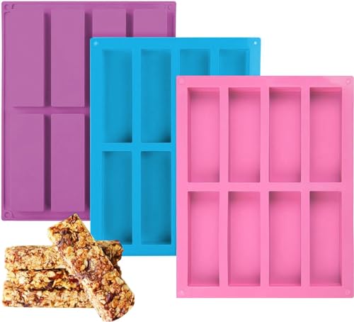 3 Stück Rechteckige Silikonform, 8 Mulden Müsliriegel Backform Riegel Silikon BPA Frei Silikonform Rechteckig Antihaft Energieriegel Form für Muffins Kuchen Seifen (3 Farbe) von SCDZY