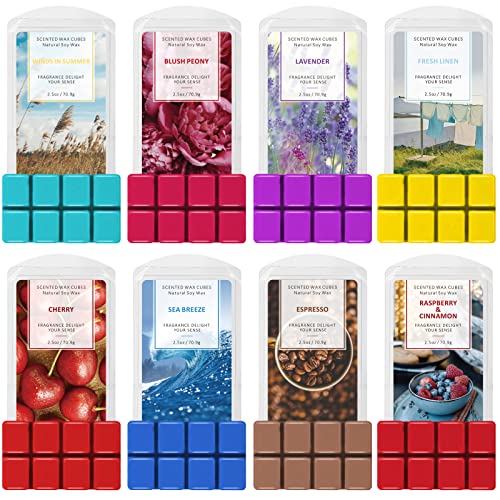 SCENTORINI Duftwachs Sojawachs Würfel für Wachswärmer 8 x 70,9 g Sea Breeze Leinen Winden im Sommer Espresso Kirsche Himbeere Zimt Lavendel Blush Peony von SCENTORINI