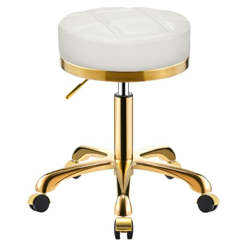 SCGSJZH Rollhocker Gold Hocker mit Rollen, Bürohocker Runden PU Leder Schminkhocker, Drehhocker für Tattoo Salons Spa Stuhl, Höhenverstellbar 43-55cm, Traglast 400l (Weiß, ohne Rückenlehne) von SCGSJZH