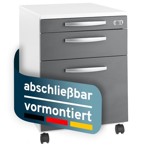 Rollcontainer mit Schubladen, abschließbar & vormontiert aus Stahl & Dreischichtplatten mit Metall Griffen,Schreibtisch Schrank mit Hängeregisterauszug,Büro Unterschrank,Schubladenschrank weiß/Graphit Rollcontainer mit Schubladen, abschließbar & vormontiert aus Stahl & Dreischichtplatten mit Metall Griffen,Schreibtisch Schrank mit Hängeregisterauszug,Büro Unterschrank,Schubladenschrank weiß/Graphit von SCHÄFER SHOP