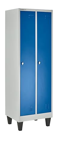 Umkleideschrank abschließbar, Spind mit 2 Abteilen, Doppelspind, Kleiderschrank 50 cm tief, Schliessfachschrank 60 cm breit, Füße aus Kunststoff, 60x50x185 cm, Stahlblech, lichtgrau von SCHÄFER SHOP