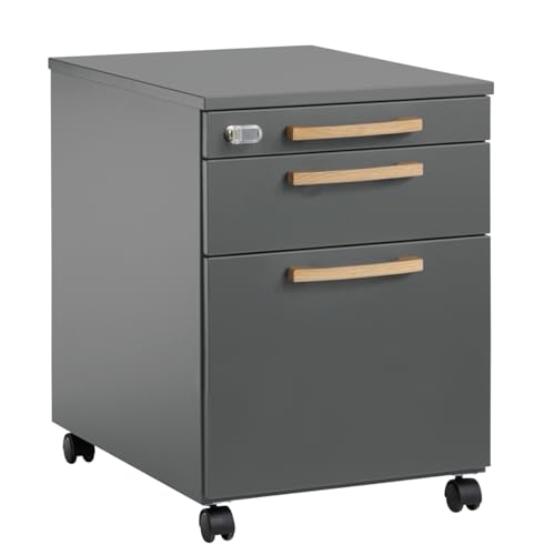 Rollcontainer mit Schubladen, abschließbar & vormontiert, Aktenschrank mit Utensilienauszug, Holz Büroschrank, Schreibtisch Schrank mit Holzgriffen, Büro Unterschrank Hängeregisterauszug Graphit von SCHÄFER SHOP