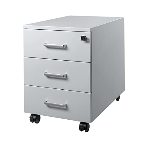 Rollcontainer mit 3 Schubladen abschließbar & vormontiert - Metall Rollcontainer für Schreibtisch und Büro - Schreibtisch Schrank, Büro Unterschrank mit Metallgriffen Schubladenschrank Lichtgrau von SCHÄFER SHOP