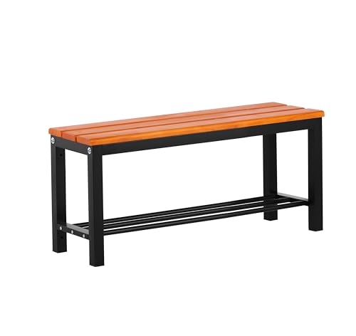 Sitzbank mit Schuhrost, 100 cm breit, Sitzhöhe 45 cm, Sitztiefe 31 cm, Holzleisten, Stahlrahmen schwarz (RAL 8022) – Umkleidebank/Garderobenbank für Schule, Verein & Betrieb von SCHÄFER SHOP
