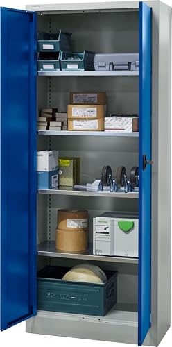 Stahlschrank abschliessbar für Werkstatt & Büro 193,5x80x40cm, Werkstattschrank sowie Werkzeugschrank mit 4 höhenverstellbaren Einlegeböden,Aktenschrank für 5 Reihen Ordner in Lichtgrau/Enzianblau von SCHÄFER SHOP