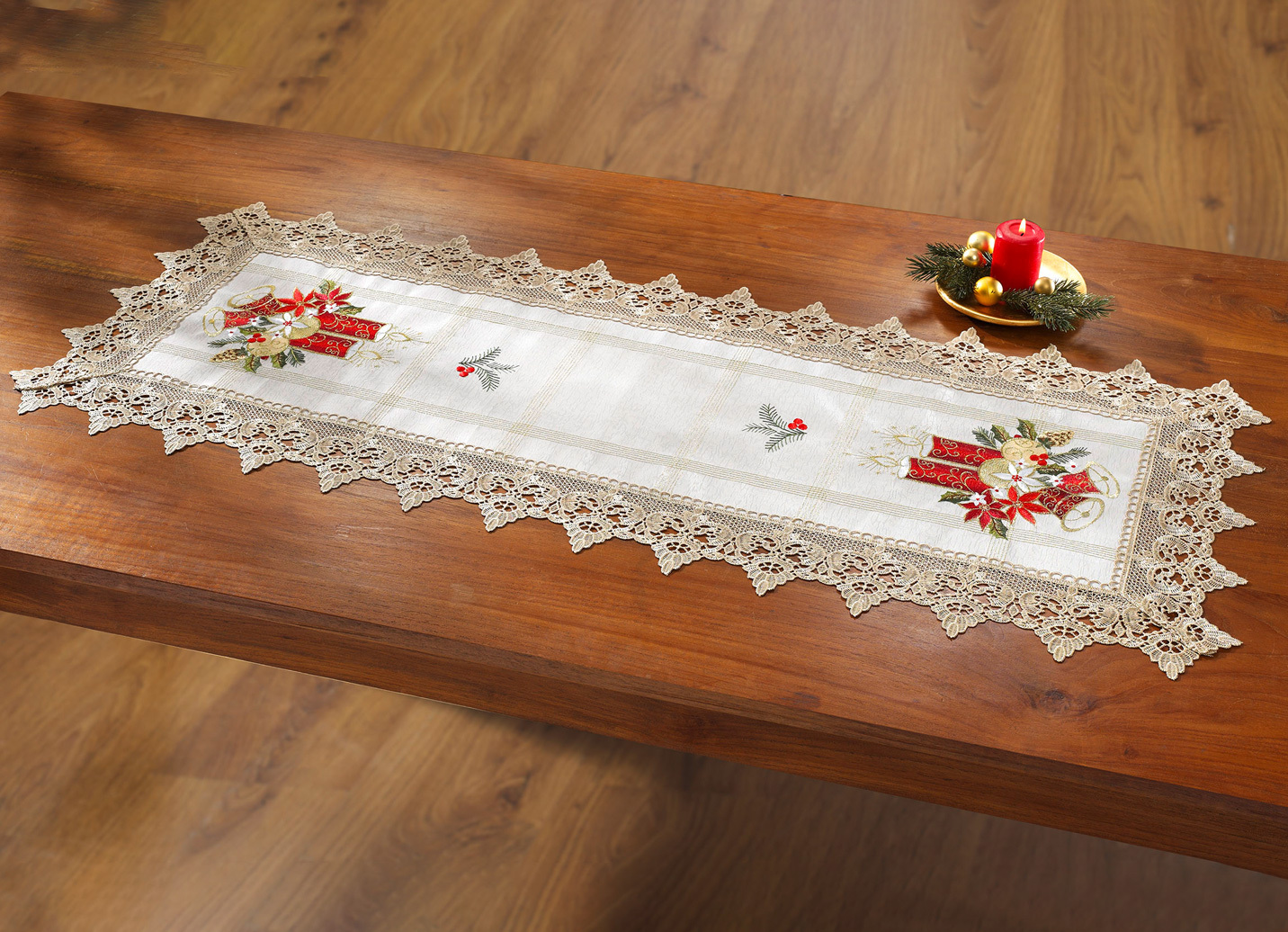Festliche Tisch- und Raumdekoration mit Makrameeborte, Größe 140 (Läufer, 40x 85 cm), Creme-Rot von SCHÄFER