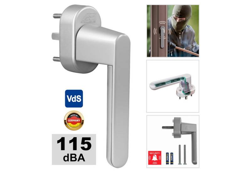 SCHELLENBERG Alarmfenstergriff 115 dB Alarm für Fenster, Balkontüren und Terrassentüren, 32mm Vierkantlänge, L: 13,60 cm, Einbruchschutz, 32mm Vierkantlänge, Silber von SCHELLENBERG