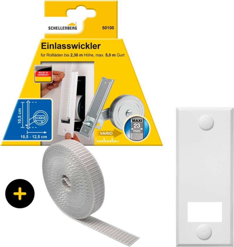 SCHELLENBERG Einlass-Gurtwickler Unterputz, inkl. Abdeckplatte weiß und Rollladengurt in grau oder weiß, Set, 1-tlg., 10,5 cm Lochabstand für das Rollladensystem Maxi von SCHELLENBERG