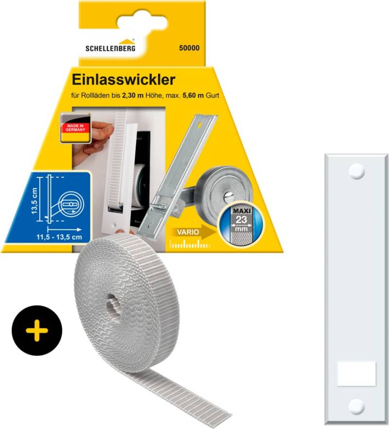 SCHELLENBERG Einlass-Gurtwickler Unterputz, inkl. Abdeckplatte weiß und Rollladengurt in grau oder weiß, Set, 1-tlg., 13,5 cm Lochabstand für das Rollladensystem Maxi von SCHELLENBERG