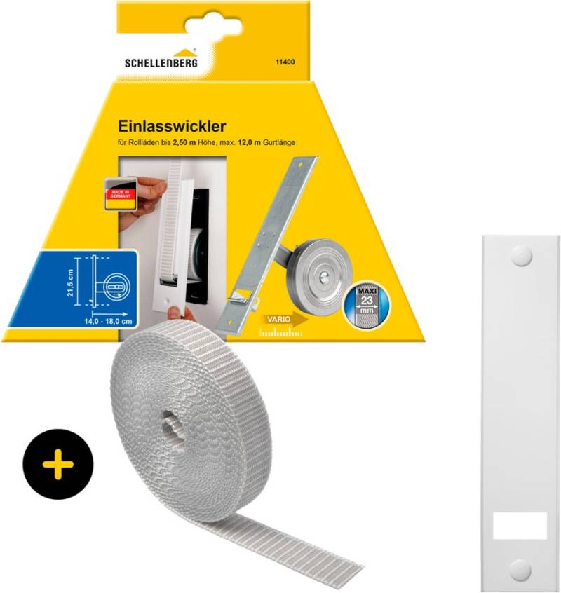 SCHELLENBERG Einlass-Gurtwickler Unterputz, inkl. Abdeckplatte weiß und Rollladengurt in grau oder weiß, Set, 1-tlg., 21,5 cm Lochabstand für das Rollladensystem Maxi von SCHELLENBERG