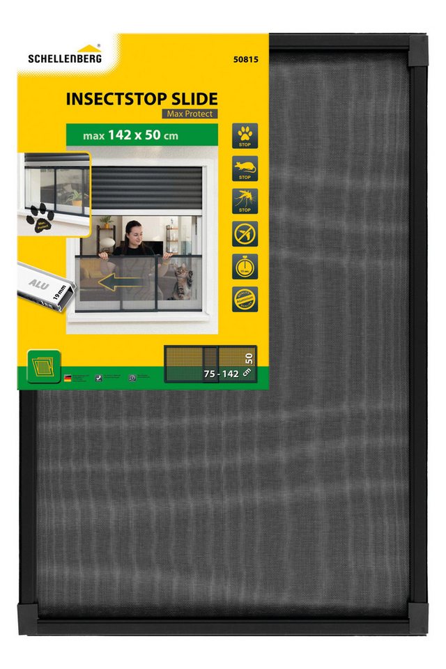SCHELLENBERG Insektenschutz-Fensterrahmen "Insectstop Slide", ausziehbares Fliegengitter mit Aluminiumgewebe, ohne bohren, max. 50 x 142 cm in weiß und anthrazit von SCHELLENBERG