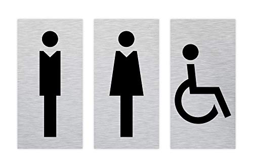 SCHILDER Systeme Aluminium WC-Schilder-SET | Piktogramm Dame-Herr-Rollstuhl | 50x100 mm | geschliffenes, eloxiertes Aluminium + UV Druck schwarz | Klebemontage - Selbstklebeband | Toilettenschild von SCHILDER Systeme