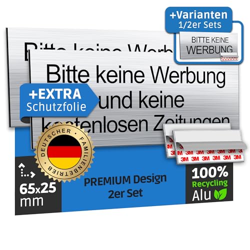 SCHILDERBOXX® 2er Set Briefkastenschild Selbstklebend Bitte keine Werbung und kostenlose Zeitungen [65x25mm, 100% Alu, 3M Tape] - Idealer Bitte keine Werbung Aufkleber keine Werbung Briefkasten von SCHILDERBOXX