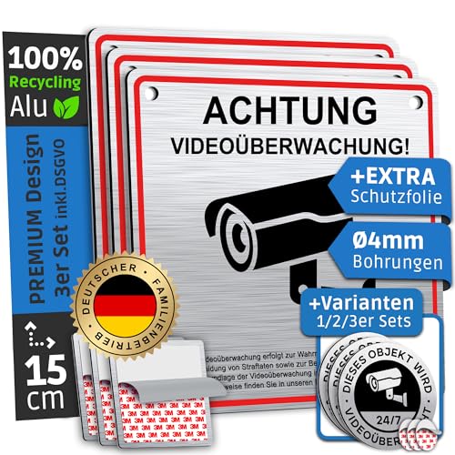 SCHILDERBOXX® 3er Set Schild Videoüberwachung DSGVO [15x15cm, 100% Alu, 3M Tape] - Aufkleber Videoüberwacht Privatgrundstück, Kameraüberwachung Grundstück Video Überwacht, Achtung Kamera Überwachung von SCHILDERBOXX