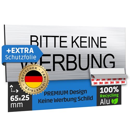 SCHILDERBOXX® Briefkastenschild Selbstklebend Bitte keine Werbung Schild [65x25mm, 100% Alu, 3M Tape] - Ideales Briefkasten Schild, Bitte keine Werbung Schild, Aufkleber Briefkasten keine Werbung von SCHILDERBOXX