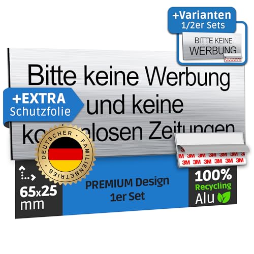 SCHILDERBOXX® Briefkastenschild Selbstklebend Bitte keine Werbung und kostenlose Zeitungen [65x25mm, 100% Alu, 3M Tape] - Idealer Bitte keine Werbung Aufkleber keine Werbung Briefkasten Aufkleber von SCHILDERBOXX