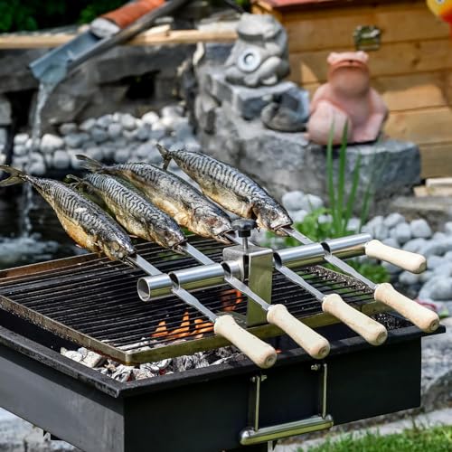 Premium Steckerlfisch Grillhalter für Gas- & Kohlegrills - Platz für 4 Fische - Fisch Grill Aufsatz passt auf jeden Grillrost - stufenlos verstellbar - Fischhalter komplett Edelstahl - Asado Grill von SCHILLING Fischgrilltechnik