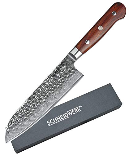 SCHNEIDWERK Santoku-Messer Damastmesser, Küchenmesser 18 cm Klingenlänge, 67 Lagen Edelstahl-Damast, Kochmesser Damaststahl, sehr scharf, Damaszener-Stahl Rostfrei LI-Serie von SCHNEIDWERK