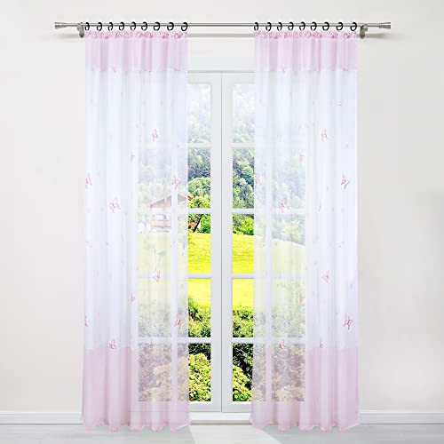 SCHOAL Gardinen mit Kräuselband Gardinenschal Transparent Vorhänge Voile Fensterschal Modern mit Schmetterling Bestickt Rosa BxH 140x145cm 1 Stück von SCHOAL