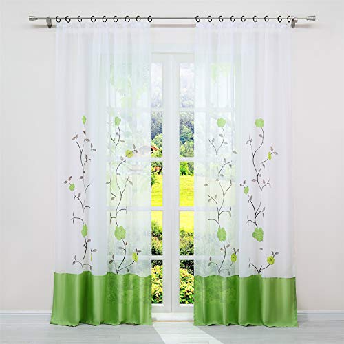 SCHOAL Gardinen mit Kräuselband Transparente Vorhänge Voile Fensterschal Bestickt Gardinenschal mit Blumen Muster BxH 140x225cm 1 Stück Grün von SCHOAL