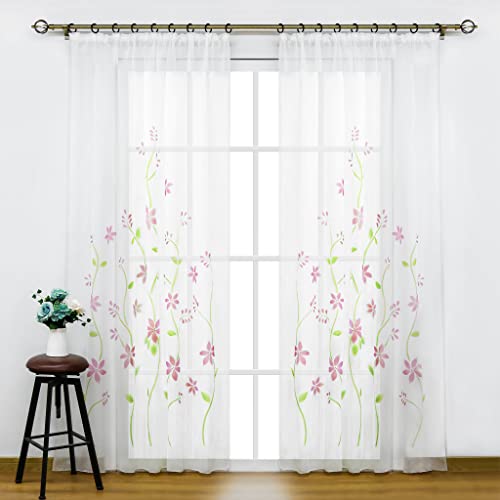 SCHOAL Gardinen mit Kräuselband Transparente Vorhänge Voile Fensterschal Modern Gardinenschal mit Blumen Muster 1 Stück BxH 150x225cm Rosa von SCHOAL