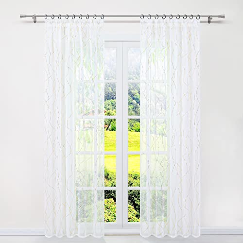 SCHOAL Gardinen mit Kräuselband Transparente Vorhänge Voile Gardinenschal Fensterschal Modern Dekoschals mit glänzenden Wellen Muster 1 Stück BxH 140x175cm Gold von SCHOAL
